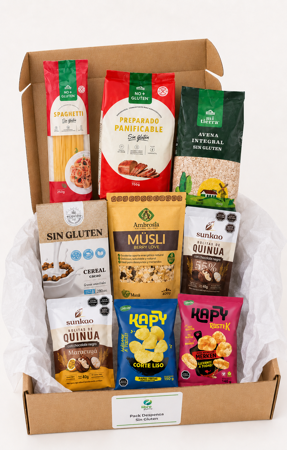 Pack de despensa sin gluten con desayuno cocina y colaciones